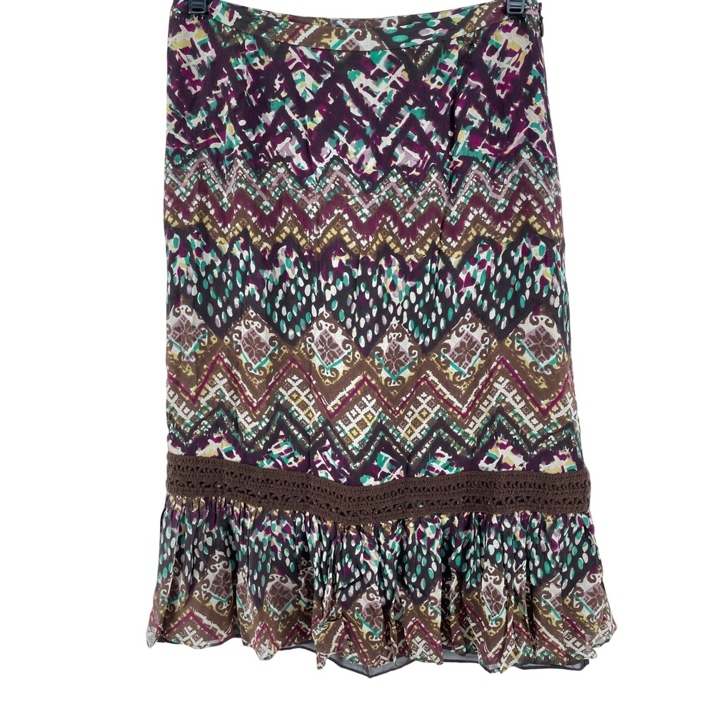 Harold's Silk Tiered Midi Skirt Women 2 Brown Western Boho Artsy Crochet Trim - Picture 2 of 7